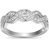 MORGAN & PAIGE .925 Sterling Silver Rhodium Plated Lab Created White Sapphire Wedding Rings for Women - Braided Infinity Design Sterling Silver Rings Women Pave Crossover Wedding Band, Size 5-9