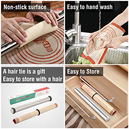 Non-Stick Stainless Steel Rolling Pin with Removable Guide Rings + Non-Slip Silicone Pastry Baking Mats 26×16 inch, Adjustable Dough Roller for Pizza, Pasta, Pie Crust, Cookie, Fondant Icing - Thumbnail 6