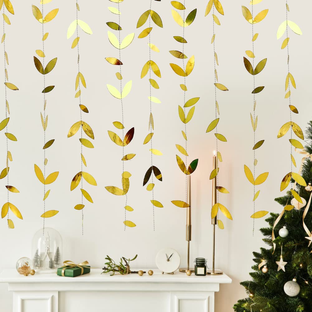LYTIVAGEN 4 PCS 4m Gold Spring Party Decorations Leaves Garland Kit Paper Hanging Gold Leaves Streamer Banner Fake Hanging Plants Artificial Olive Leaf for Home Wedding Christmas Decoration