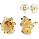 Crystal Earrings, Natural Raw Citrine Prong Setting Stud Earrings for Women, Handmade Gold Plated November Birthstone Earrings