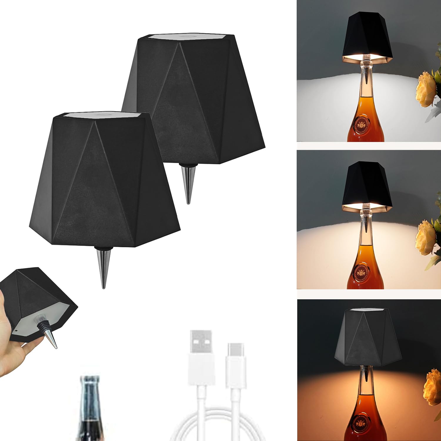 Photo 1 of JKEYES 2Pcs Wireless Bottle Lamp 3 Color Stepless Lamp 5000mAh Battery Powered Table Lamp Cordless Table Lamp, Rechargeable LED Desk Lamp for Bedroom, Restaurant & Bar, Gifts(Black)