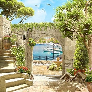 Laeacco Italy Scenery Frasco Backdrop 10x10ft Vinyl Photography Background European Arch Door Floral Stairway Towards The Harbour Boats Scene Landscape Scenic Indoor Decors Wallpaper Wedding Shoot