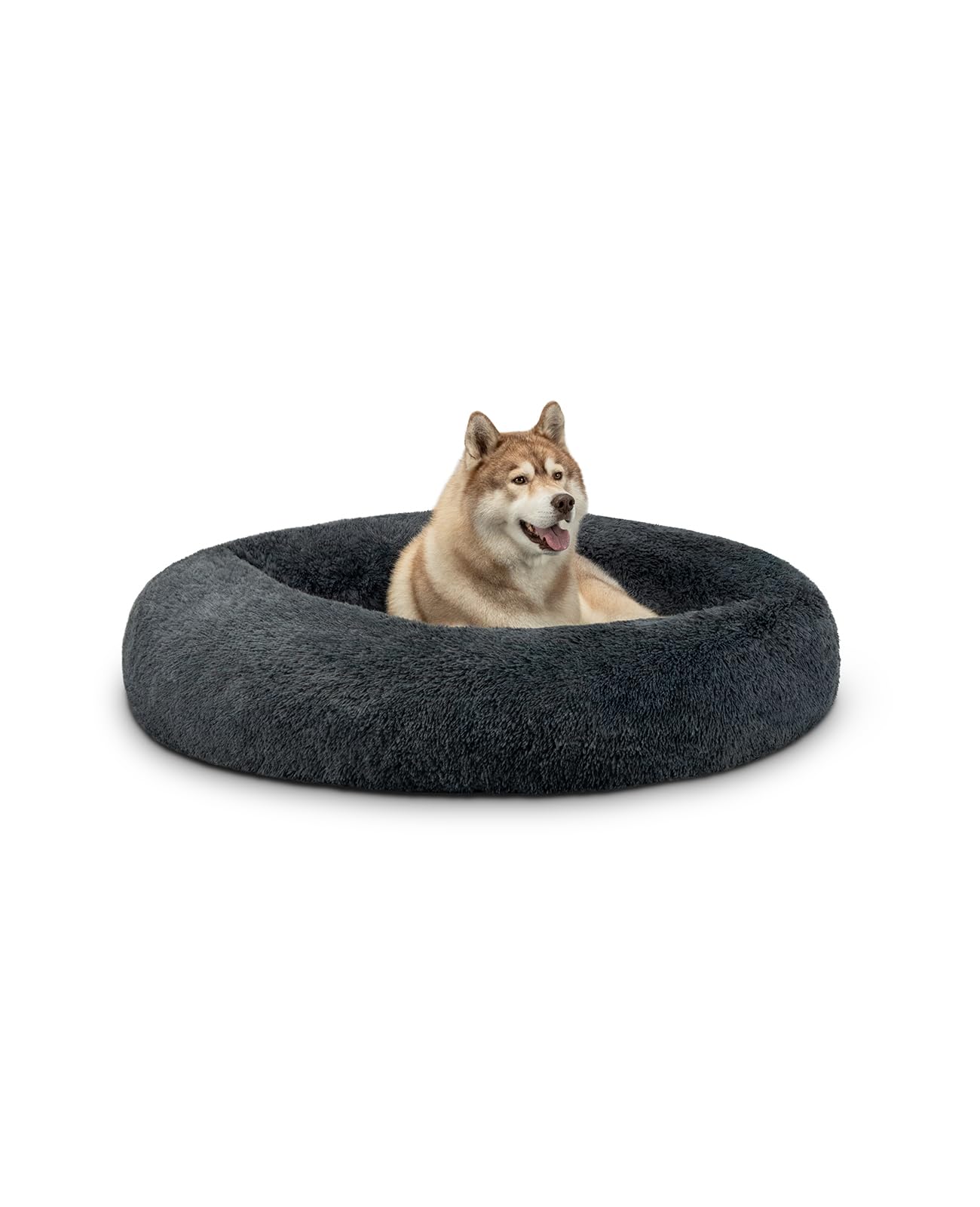 lionto Donut bed for dogs and cats, fluffy round dog bed for small and large pets, Ø 120 cm, soft cat bed made of cuddly plush, dog cushion with extra thick filling, dark grey — image 1