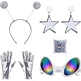 yeabwps 5 Pcs Alien Costume with Antenna Headband Glasses Silver Gloves Earring Face Glitter for Space Halloween Costume