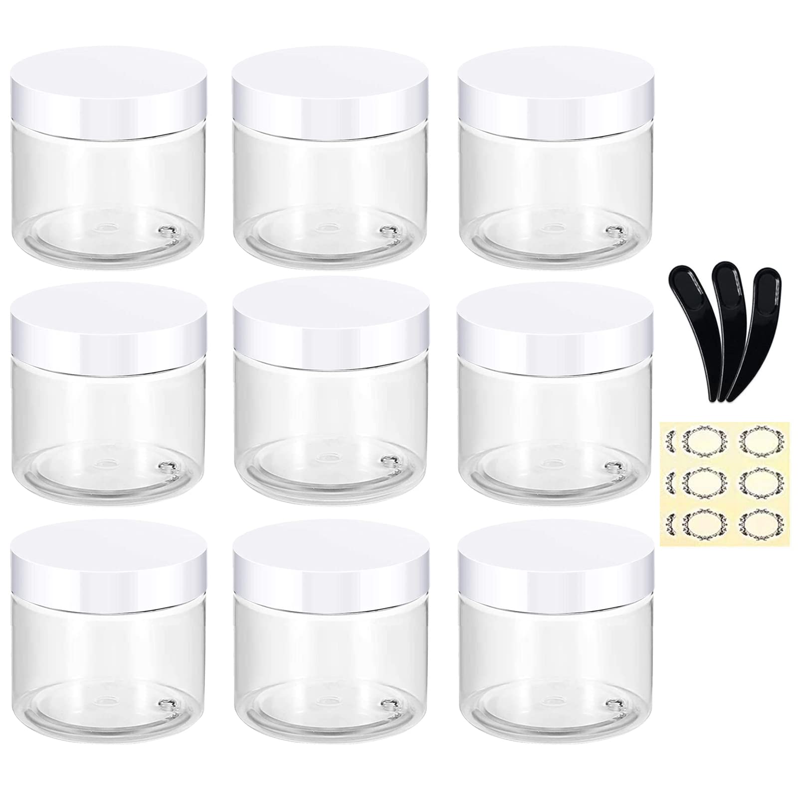 Alledomain 9Pcs 60g/60ml Clear Plastic Jars with 3Pcs Mini Spatulas & Labels Round Cosmetic Sample Container with Inner Liners and White Lids for Lotions Cream Ointments Travel Makeup Beauty Storage