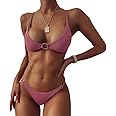 ZAFUL Women's Ribbed O-Ring String Bikini Swimsuit Cheeky Thong Swimwear Two Pieces Bathing Suit