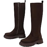 Aitikiss Knee High Boots for Women Wide Calf,Platform Lug Sole Tall Boots,Chunky Low Heel,Round Toe Motorcycle Long boots