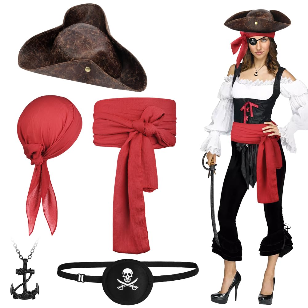 Alaoo 5 Pcs Pirate Costume Accessories Set, Captain Accessories with Tricorn Hat Bandana Sash Belt Eye Patch Anchor Pendant, Medieval Renaissance Pirate Costume for Halloween Party, Red โ image 1
