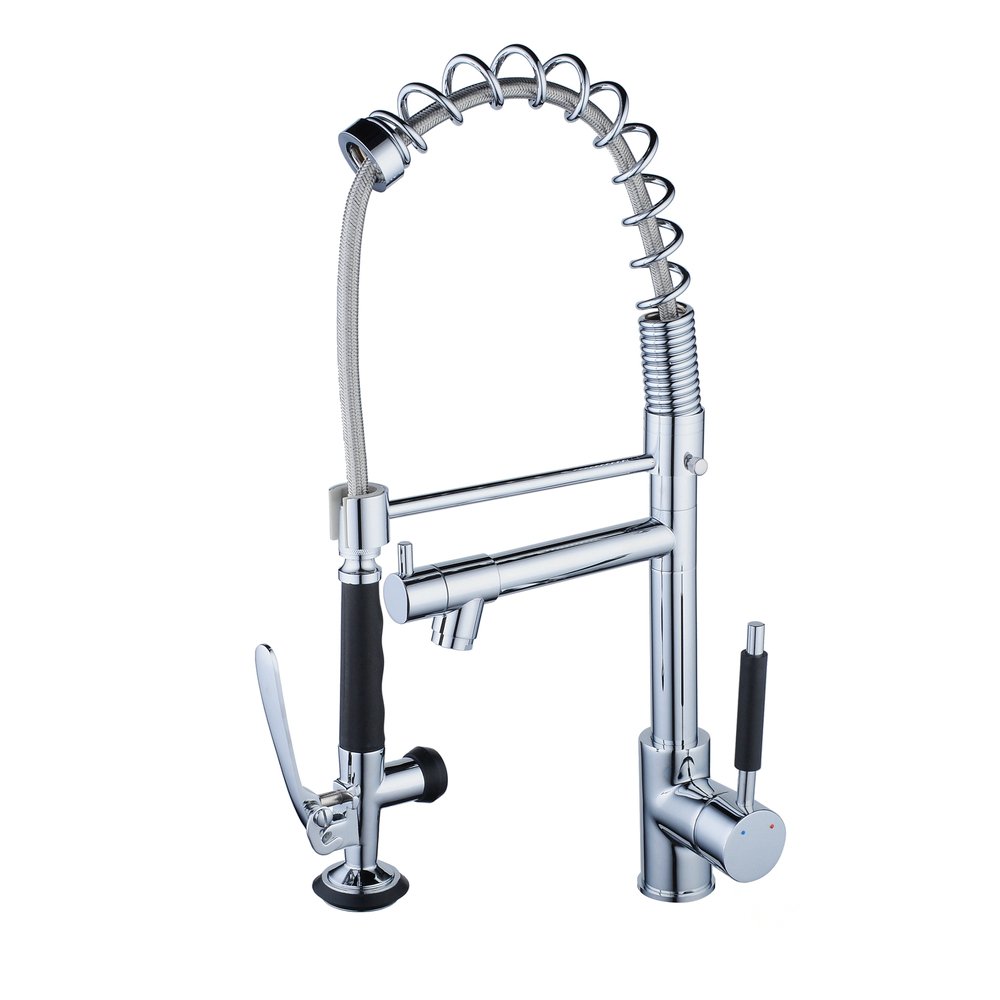 Beelee Professional Chrome Spring Kitchen Sink Mixer Tap 360 Degree Rotation Single Holder Single Hole Pull Out Spray + Swivel Mixer Spout