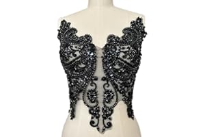 SUCCI SHAN Handmade Rhinestones Lace Appliques Sew on Glass Beads Bodice Trim Patches Accessory for Dress Clothes (Black)