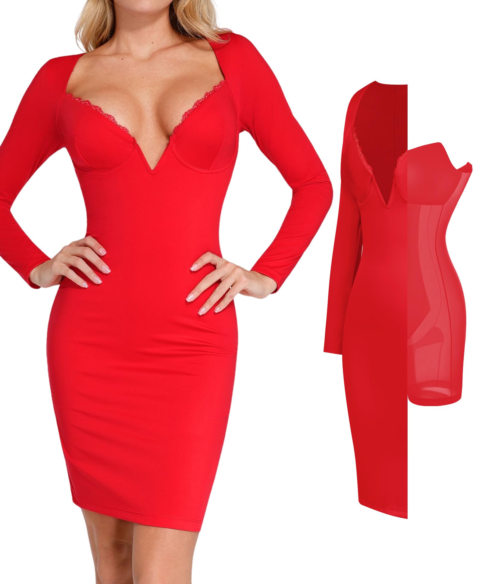Photo 1 of ***SEE NOTES***Popilush Long Sleeve Lace Dress Club Party Dresses for Women Corset Deep V Neck Bodycon Mini Dress Built in Bra Shapewear Red
