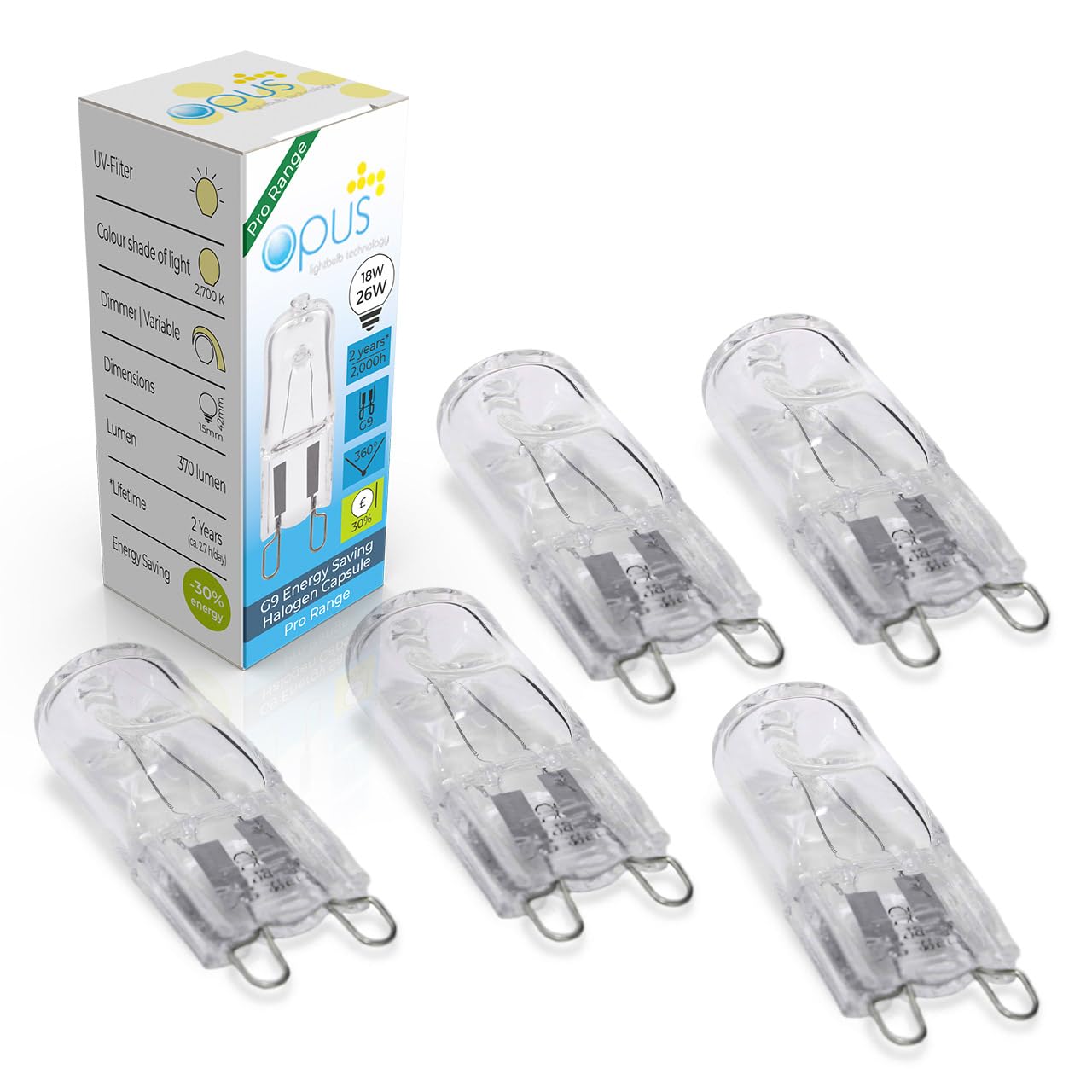 Opus G9 Halogen Bulb | 18W = Equivalent to 26W G9 Bulb | Warm White 2700K | Long Life 2,000 Hours | Clear Glass Capsule | Dimmable | 2 Pin Light Bulbs | Lava Lamp Bulb | Chandelier Bulb | 5 Pack