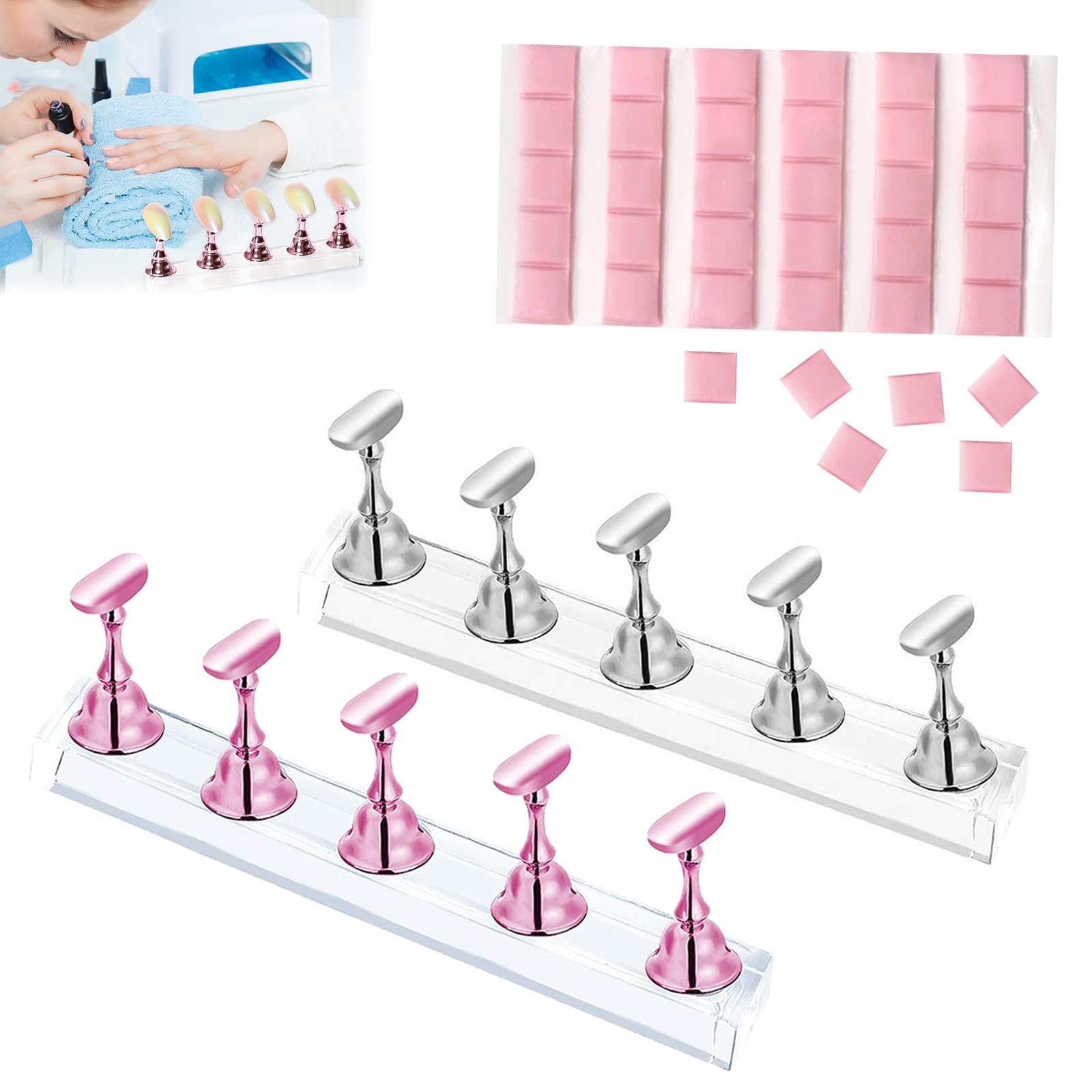 2 Sets Nail Stand Display, Magnetic Nail Tips Stand, Nail Stands for Painting Nails, Acrylic Nail Display Stand, with 30 Pcs Reusable Sticky Putty, for False Nail Manicure Tool, Pink and Silver