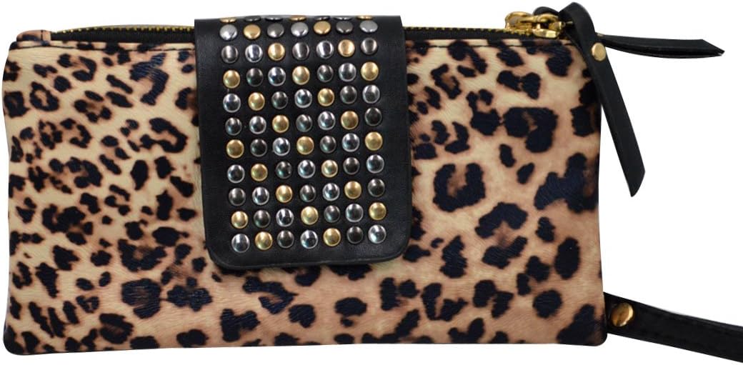 DREAMER Women Soft Leather Wristlet Leopard Print Clutch Bag Punk Style Rivet Evening Bag Long Purse