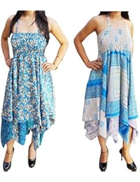 Lot Of 2 Francesca Womens Sundress Handkerchief Hem Recycled Sari Resort Wear Halter Dress S/M