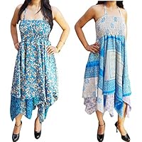Lot Of 2 Francesca Womens Sundress Handkerchief Hem Recycled Sari Resort Wear Halter Dress S/M