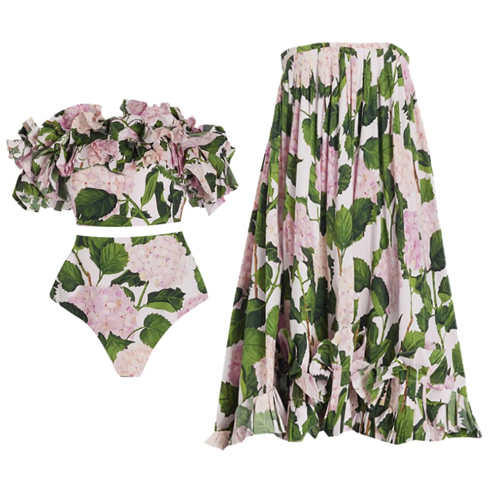Photo 1 of (MISSING BIKINI BOTTOMS) IBAKOM Two Piece Swimsuit for Women with Matching Swim Long Skirt Sexy Push Up Bathing Suits Two Pieces Bikini Set Flattering Cheeky Swimwear Cover Up Skirt High Cut Swimsuit Pink-Green (3PCS) L