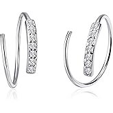 Desnuage Silver Double Hoop Earrings for Single Piercing - Small Spiral Twist Hoop Earrings for Women, Cartilage Earring with CZ Stones - Silver & Gold