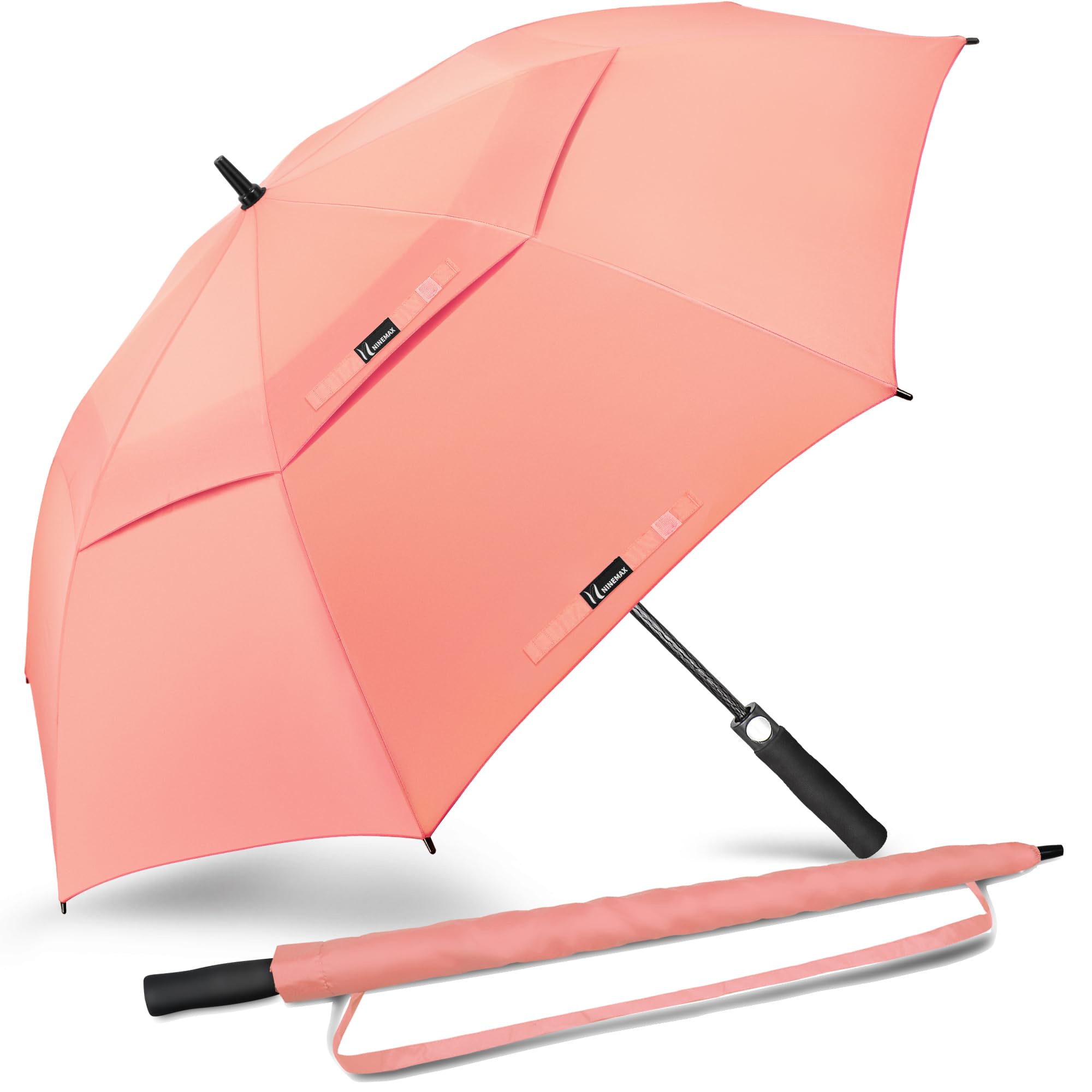 NINEMAX Golf Umbrella Windproof and Rainproof 62inch, Large Umbrella Double Canopy, Golfing Brolly Heavy Duty Unbreakable for Men Women(Pink)