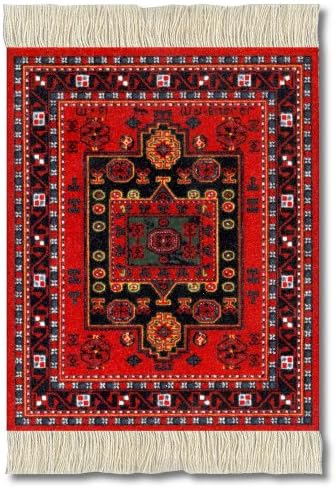 Lextra Agra Kazak CoasterRug, 5.5 x 3.5 Inches, Red and Navy, Set of Four (GCK-C)