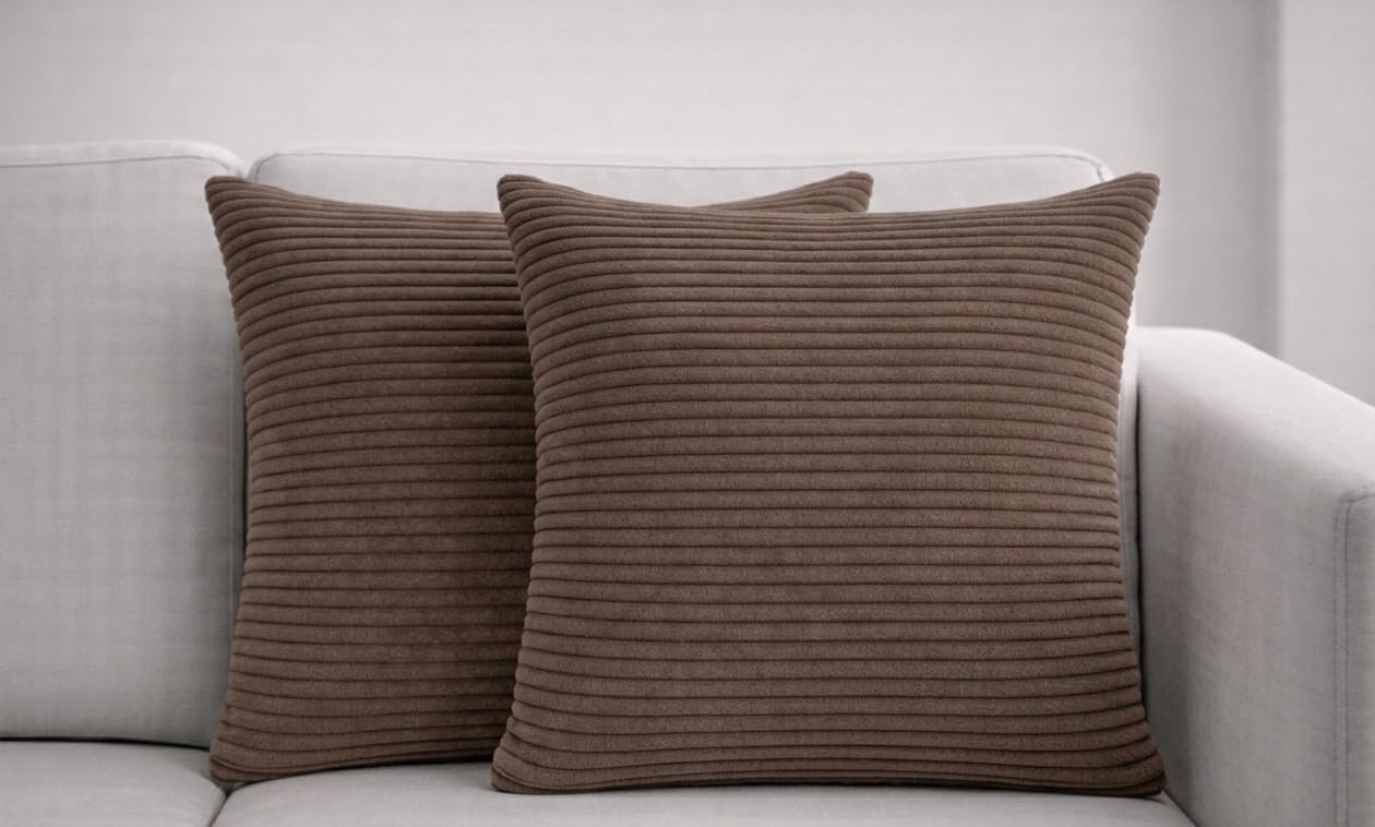 Seechoo Corduroy Cushion Covers, Set of 2, 45 x 45 cm, Striped, with Invisible Zipper, 18 x 18 Inch (Brown)
