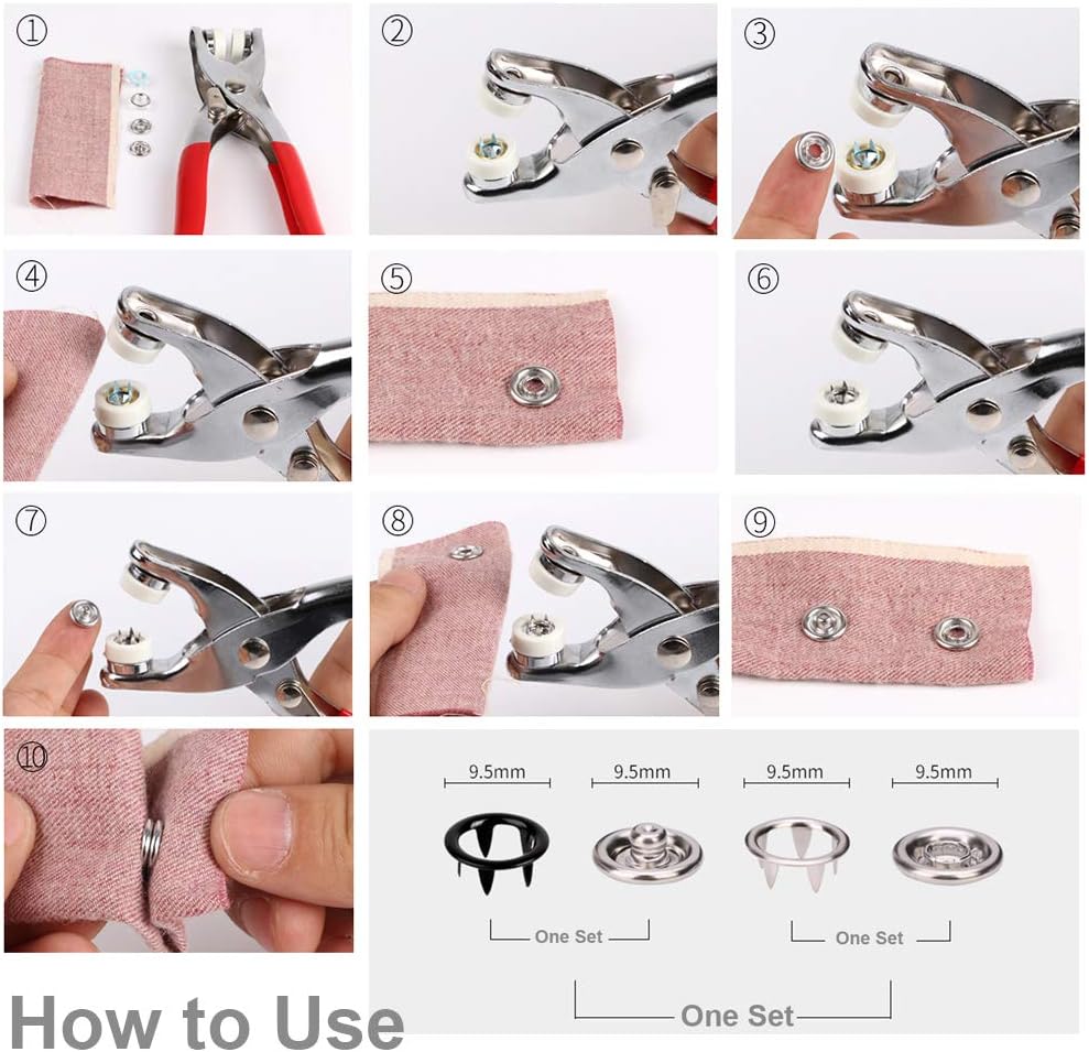 ZTWEDEN 200 Sets Metal Snaps Button Tool Kit Snap Fasteners Hollow Prong Snap Button with Setting Tool for Clothing Crafting Sewing, Leather Snaps Buttons for Jeans Wears Bags(10 Colors, 9.5mm)