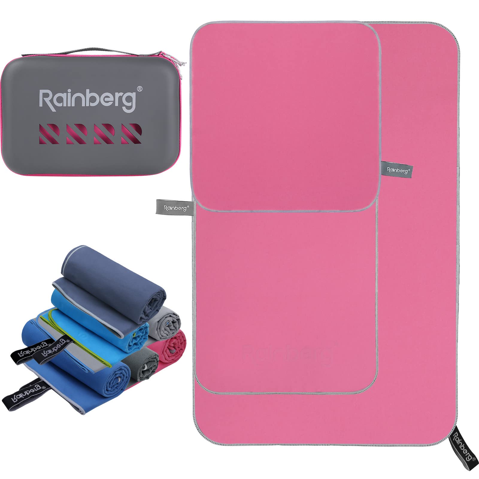 Rainberg 3PK Microfibre Towel, Sports Towel, Travel, Swimming and Beach Towel, Fast Drying, Super Absorbent, Ultra-Compact, Great for Camping, Gym, Beach and Swimming (Pink)