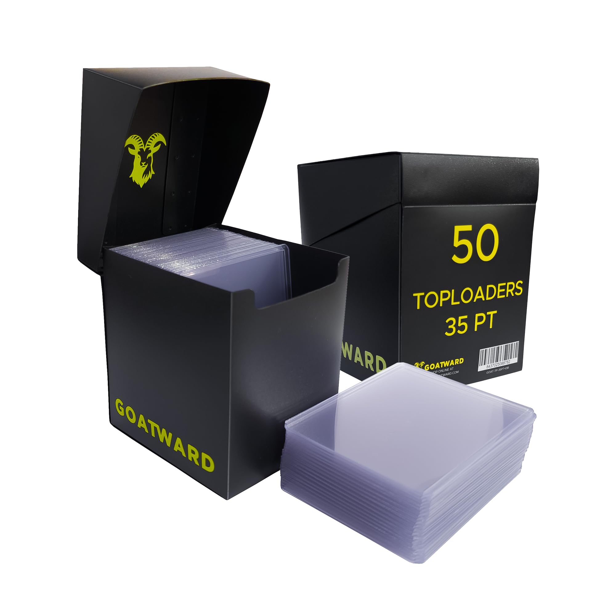 GoatWard Toploaders 35PT + Deck Box Black – Pack of 50 Toplaoders for Trading Cards 3"×4" for Football, Basketball or Other Sports – Protect and Store Your Sports Cards