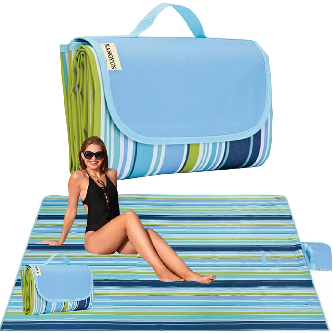Photo 1 of K Y KANGYUN Beach Blanket Outdoor Picnic Blankets Mat 80"x60" Extra Large Waterproof Sand Proof Camping Blanket Lightweight Folding Portable Travel Blanket for Family Park Beach Grass (Blue Line)