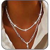 Flimire 925 Sterling Silver Necklace for Women Shiny Cross Pendant Paperclip Necklaces Layered Dainty Necklace Jewelry Gifts