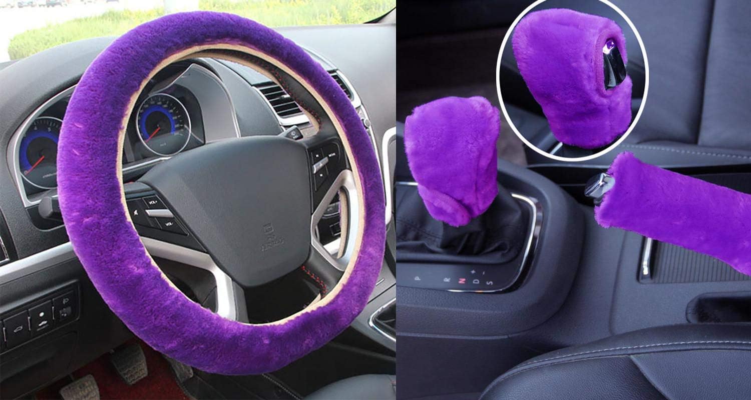 IBAIOU 3pcs Set New Plush Car Steering Wheel Cover Handbrake Gear Shift Cover Universal Non-Slip Faux Wool Decoration car Interior for Automatic Catch car(Purple)