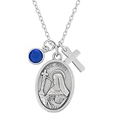 St. Rita Medal Necklace – Patron Saint of Impossible Causes Pendant with Cross and Birthstone Charm – Catholic Religious Jewelry, Confirmation or Baptism Gift