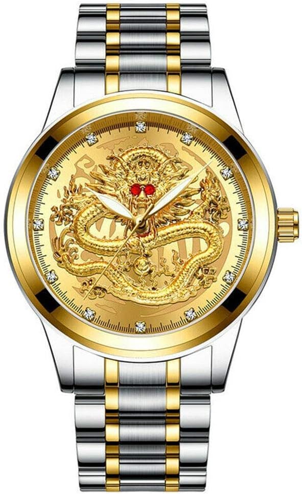 Restarty Men Waterproof Luminous Mechanical Watch Luxury Gold Dragon Dial with Steel Leather Strap
