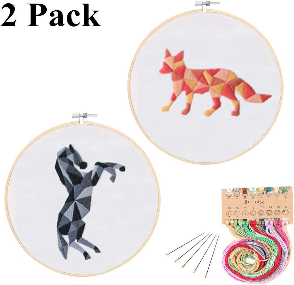 2 Pack Full Range of Animal Embroidery Starter Kit with Pattern and Instructions, Including Embroidery Cloth with Pattern,Bamboo Embroidery Kits (Horse and Fox)