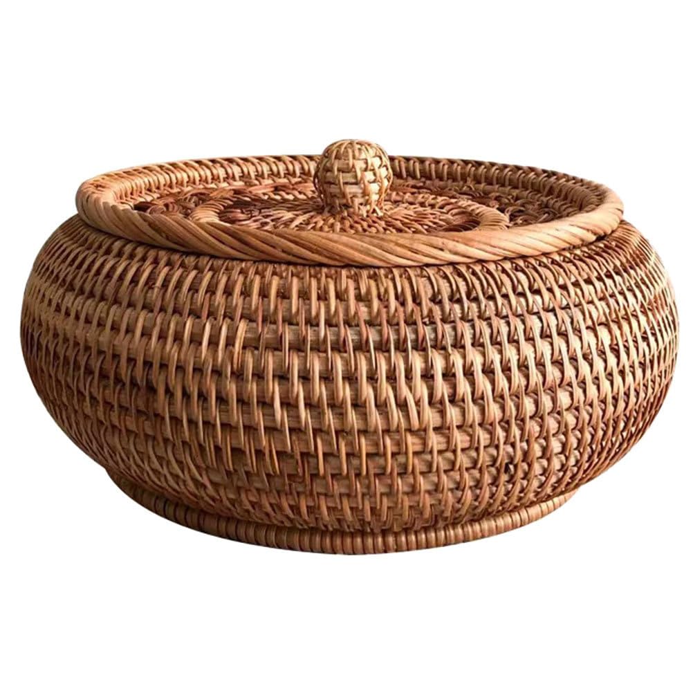 DOITOOL Rattan Storage Basket with lid: Round Rattan Storage Container Woven Kitchen Fruit Bread Baskets Egg Holder for Storing Snacks, Chess Pieces and Jewelry