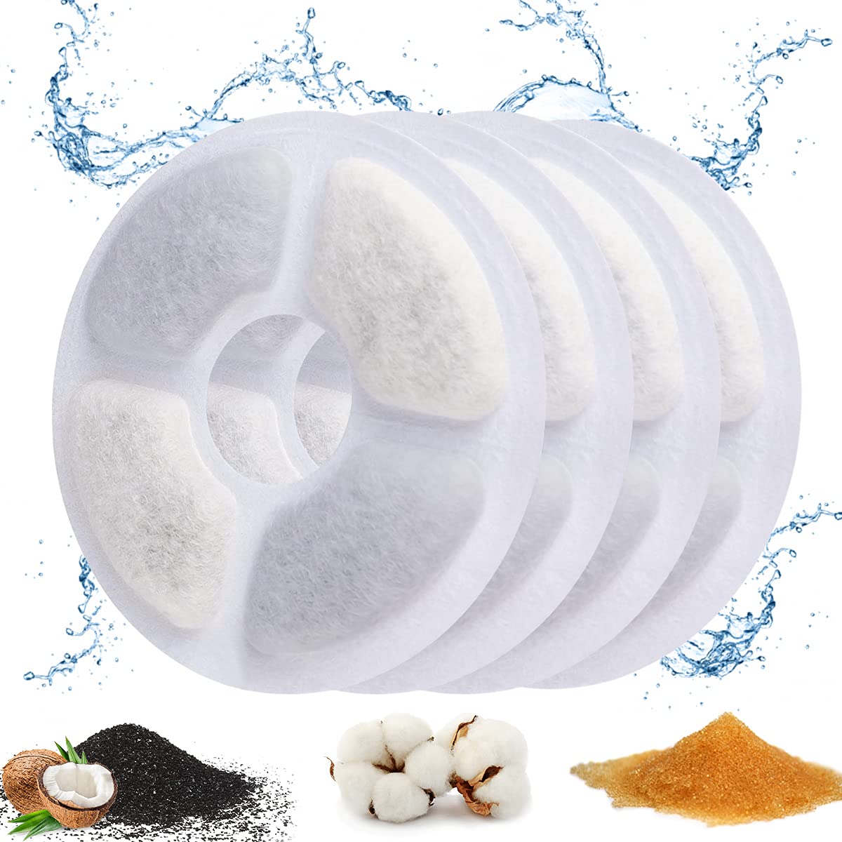 ADOV Cat Water Fountain Filters, 4-Pack Triple Action Round Fountain Filter for Replacement Cat Fountains with Ion Exchange Resin and Activated Carbon Compatible with Water Dispenser 2-2.5L