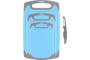 ROTTOGOON Cutting Boards for Kitchen, Plastic Chopping Board Set of 4 with Non-Slip Feet and Deep Drip Juice Groove, Easy Grip Handle, Dishwasher Safe, BPA Free, Non-porous(Blue/Gray)