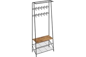 LALFPET 4-in-1 Hall Tree Coat Rack with Shoe Bench – Freestanding Entryway Organizer, Metal & Wood, 10 Double Row Hooks, Rust