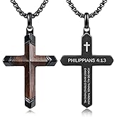 YURSIKAX Wooden Cross Bible Verse Necklace for Men, Handmade Real Ebony Wood Cross Pendant Stainless Steel Chain, Spiritual Jewelry Gift for Him, Everyday Wear, Including 24-25 Inch Box Chain