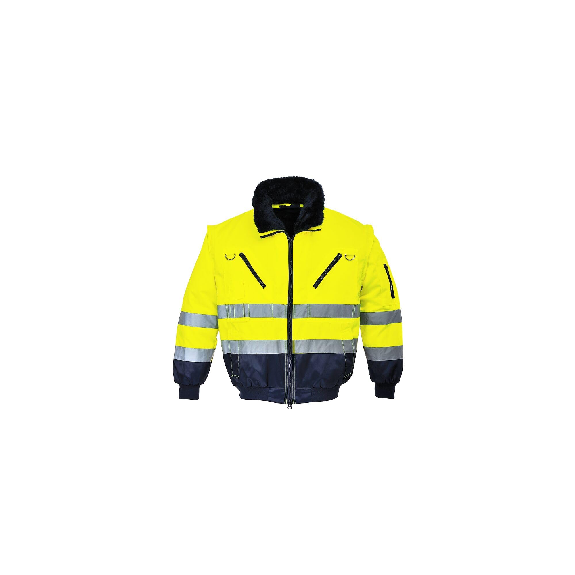 Portwest PJ50 Hi-Vis 3-in-1 Pilot Jacket Waterproof Reflective Workwear Coat Detachable Sleeves Fur Liner Multi-Pocket Fleece Lining EN ISO 20471 Certified, Yellow/Navy, M