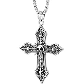 Men’s Gothic Skull Cross Pendant Necklace Stainless Steel Dark Cross with Skulls Punk Biker Jewelry