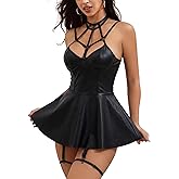 CHALOVELO Leather Lingerie Set for Women Sexy Strappy Underwire Dress with Garter Belt Mini Party Dress Babydoll