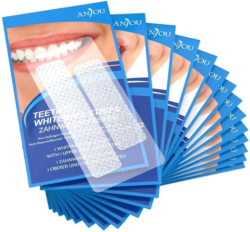 Teeth Whitening Strips (28Pcs), Anjou Tooth Whitener Kit with Professional Dental Treatment, Removes Stains & Freshens Breath with Mint Flavor, Fast Results & No Sensitivity
