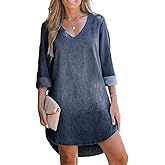 CUPSHE Women Fall Denim Shirt Dresses Cotton Long Sleeve V Neck Distressed Roll Tab Jean Mini Dress