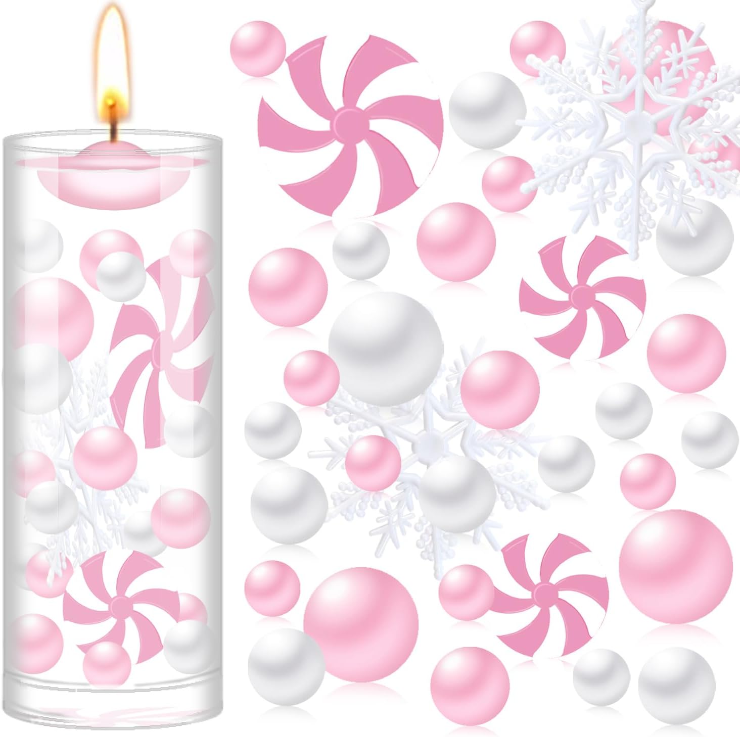 Vase Fillers - GLBYUNN Christmas Vase Filler Beads Floating Pearls, Candy, Snowflake and Clear Water Gel Beads for Vase Filler Table Centerpieces Christmas Party Decoration (White, Pink)