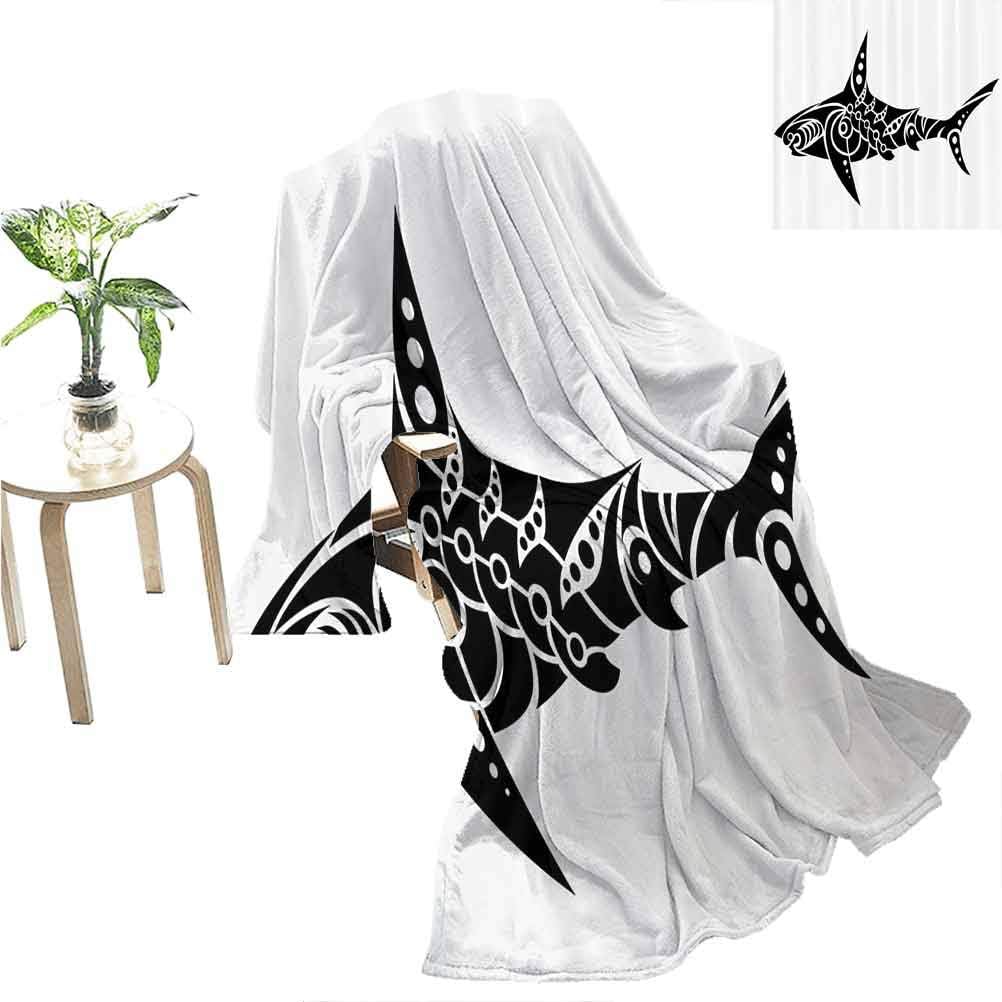 Flyerer Tribal Yoga Blankets Shark Tattoo Design in Black and White Under The Sea Wildlife Theme Fish Artwork Gag Gift 70"x60" Black White