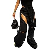 LAJIOJIO Sexy Wide Leg Sweatpants Women Baggy Y2K Side Zipper Cut Out Drawstring Flare Cargo Pants Trousers Streetwear