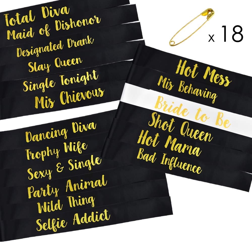 STAY GENT 18 Pieces Bride to Be Sashes Set, 17 Pieces Black with 1 Piece White Sash's Gold Text for Hen Night Party Wedding Ladies Night Out, xiaoxie