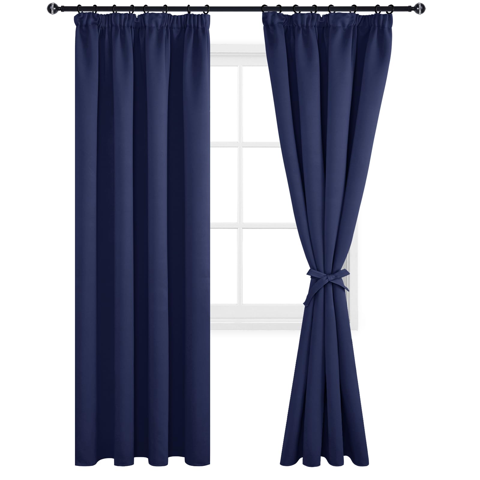 DWCN Blackout Curtains for Bedroom Thermal Insulated Curtains with Tiebacks Pencil Pleat Window Curtains for Living Room 55 x 96 inch Length, Navy Blue, 2 Panels