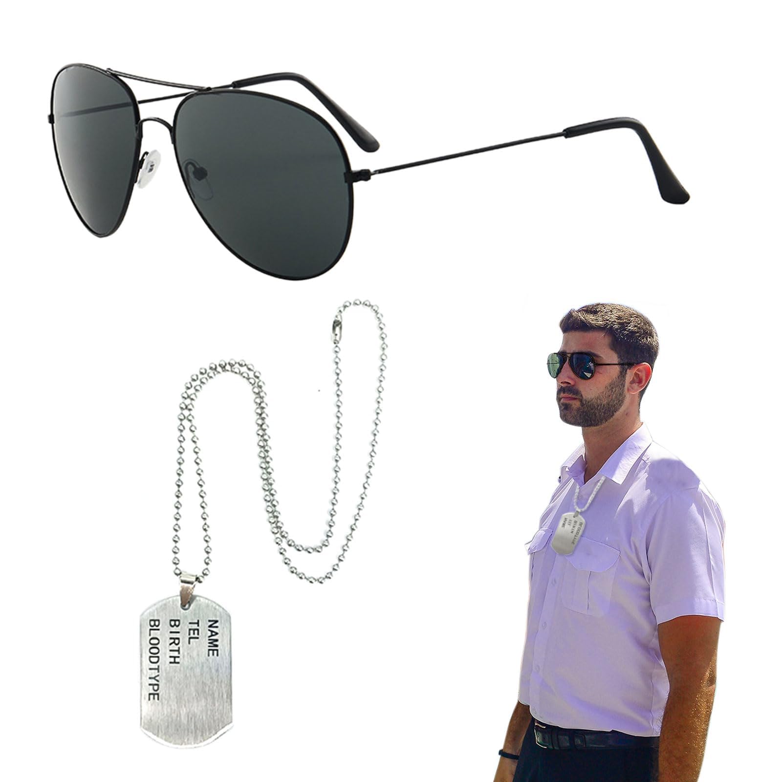 EUPSIIU 2 Pieces Army Fancy Dress Black Sunglasses and Dog Tag Solider Military Cosplay Costume Pilot Costume Aviators Accessories for Men Women Adults Cosplay Dress up Party Theme Halloween (2PCS)